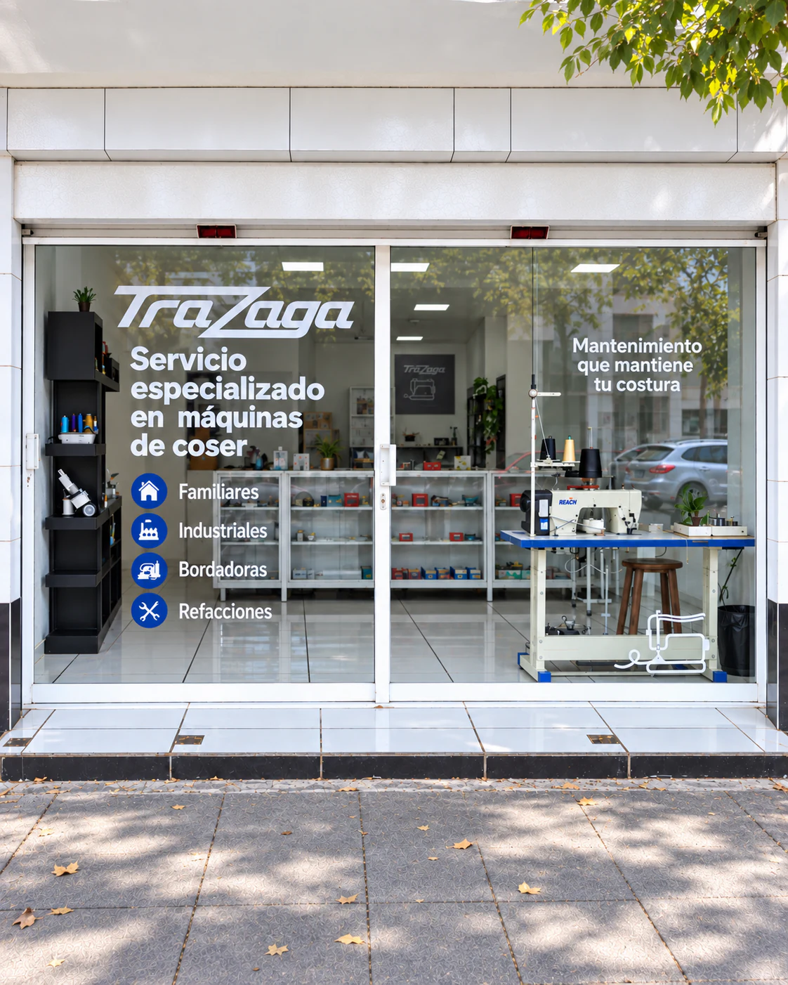 Acceso de TRAZAGA en Toluca, con rótulo sobre el vidrio y una máquina de coser visible en el interior